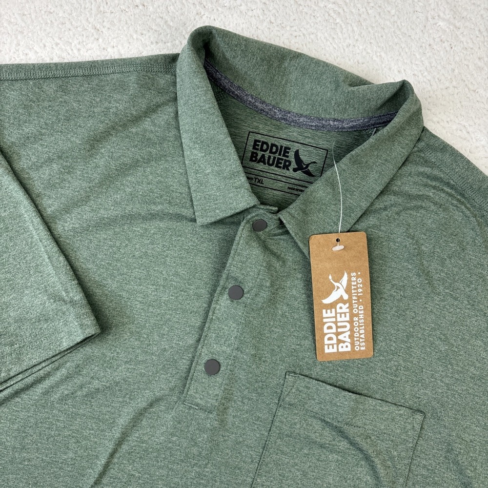 NEW EDDIE BAUER Mountain Trek Polo Shirt Mens XL Tall XLT Green Stretch Snap NWT